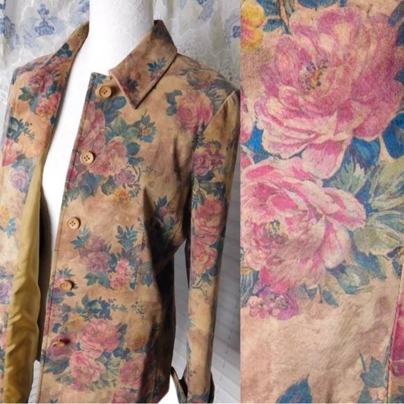 Vintage 90s Kate Hill Floral Leather Jacket – Size 4 Tan Rose Pattern Suede feel - Picture 8 of 14